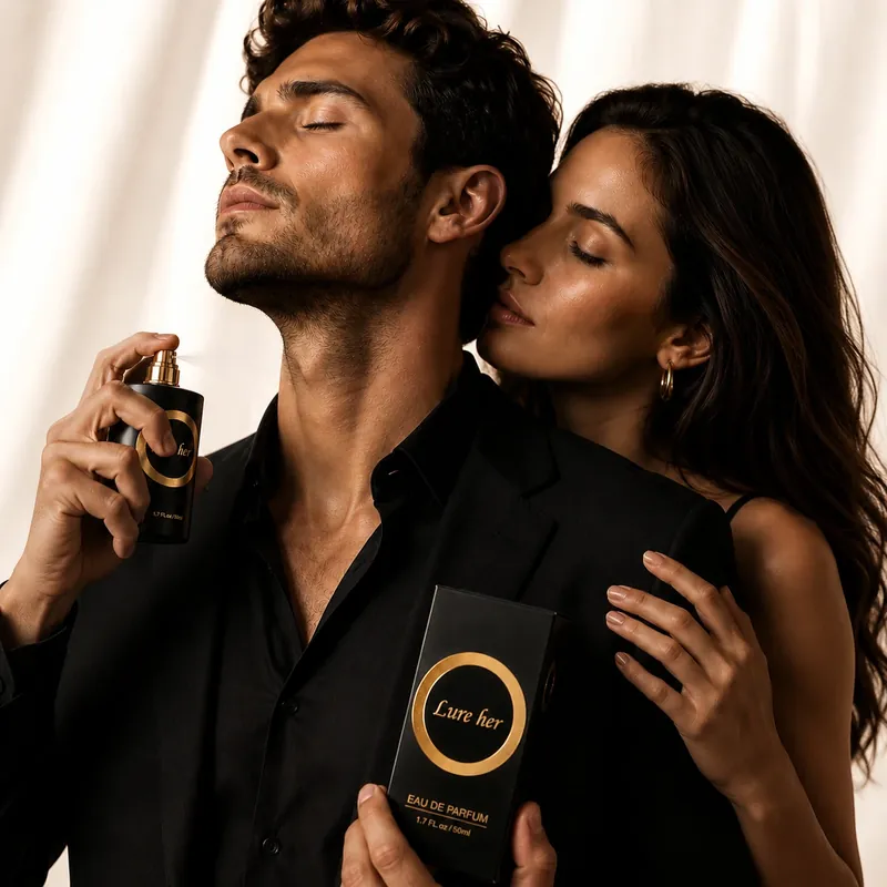 امرأة تشمّ رجلاً يضع عطر Lure Her